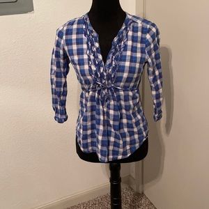 Abercombie & Fitch Ruffled Long Sleeve Plaid Shirt With String Tie